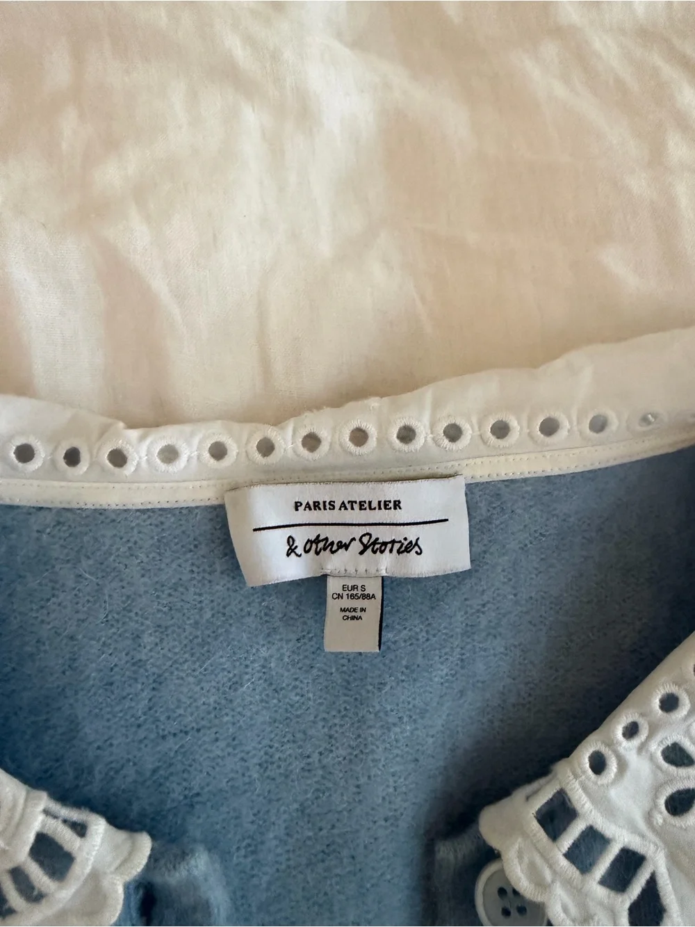 & Other Stories Powder Blue Cardigan with White Eyelet Collar - Picture 3 of 6